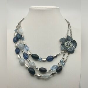 New York & Company Multistrand Beaded Blue Enamel Flower Necklace